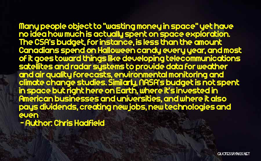 Chris Hadfield Quotes: Many People Object To Wasting Money In Space Yet Have No Idea How Much Is Actually Spent On Space Exploration.