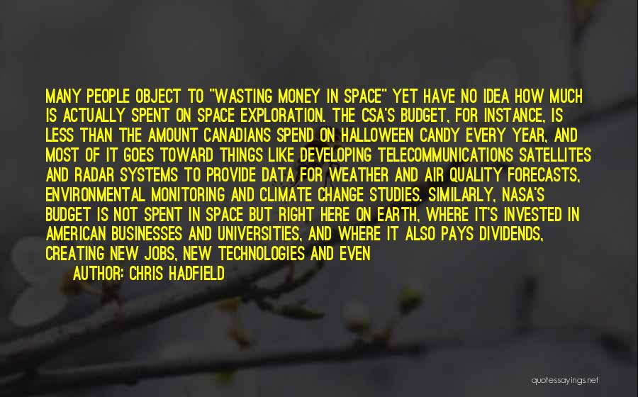 Chris Hadfield Quotes: Many People Object To Wasting Money In Space Yet Have No Idea How Much Is Actually Spent On Space Exploration.