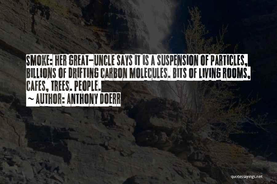 Anthony Doerr Quotes: Smoke: Her Great-uncle Says It Is A Suspension Of Particles, Billions Of Drifting Carbon Molecules. Bits Of Living Rooms, Cafes,