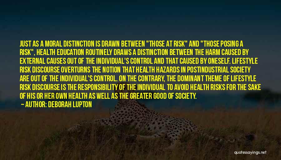 Deborah Lupton Quotes: Just As A Moral Distinction Is Drawn Between Those At Risk And Those Posing A Risk, Health Education Routinely Draws