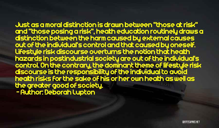 Deborah Lupton Quotes: Just As A Moral Distinction Is Drawn Between Those At Risk And Those Posing A Risk, Health Education Routinely Draws