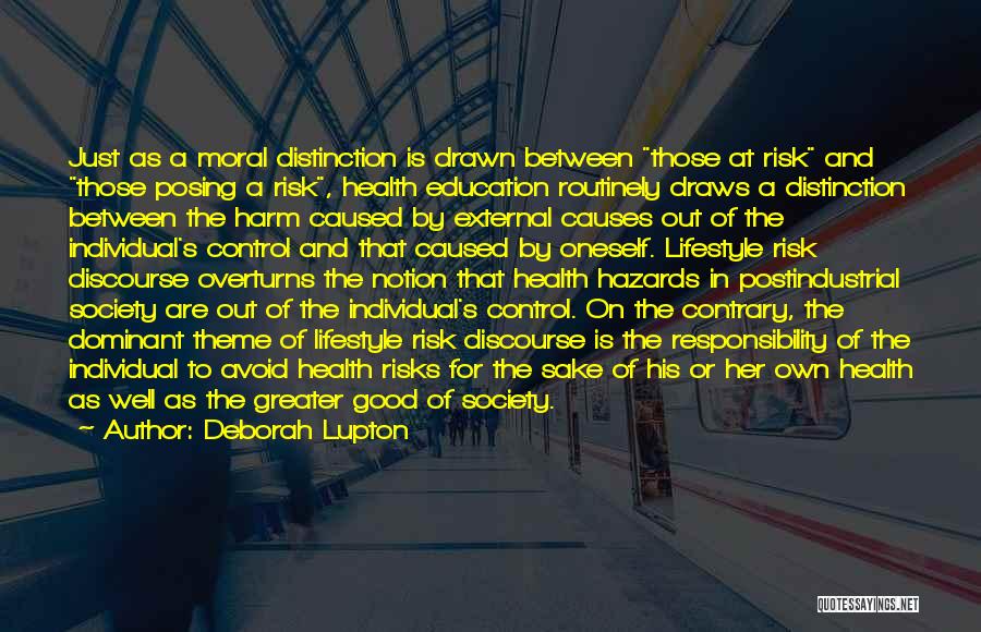 Deborah Lupton Quotes: Just As A Moral Distinction Is Drawn Between Those At Risk And Those Posing A Risk, Health Education Routinely Draws