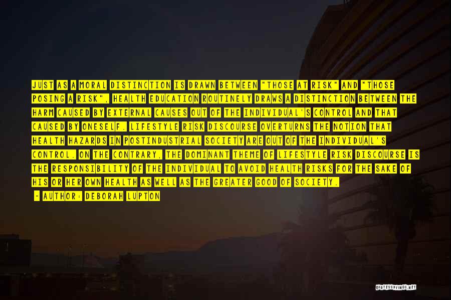 Deborah Lupton Quotes: Just As A Moral Distinction Is Drawn Between Those At Risk And Those Posing A Risk, Health Education Routinely Draws