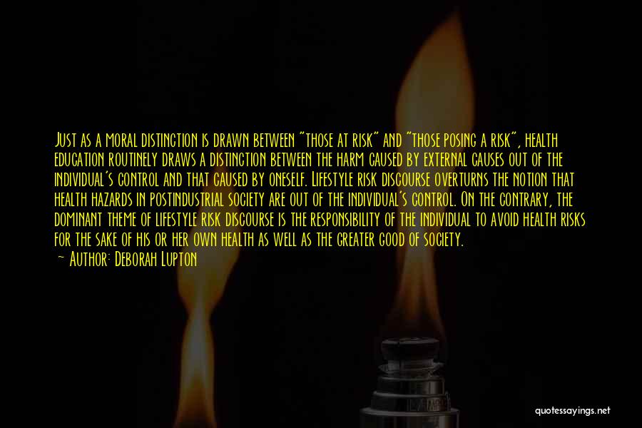 Deborah Lupton Quotes: Just As A Moral Distinction Is Drawn Between Those At Risk And Those Posing A Risk, Health Education Routinely Draws