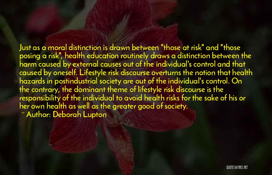 Deborah Lupton Quotes: Just As A Moral Distinction Is Drawn Between Those At Risk And Those Posing A Risk, Health Education Routinely Draws