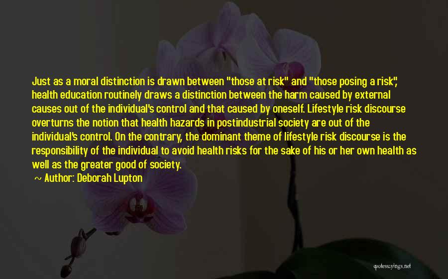 Deborah Lupton Quotes: Just As A Moral Distinction Is Drawn Between Those At Risk And Those Posing A Risk, Health Education Routinely Draws