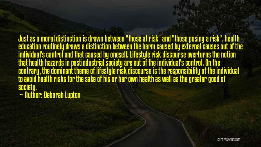 Deborah Lupton Quotes: Just As A Moral Distinction Is Drawn Between Those At Risk And Those Posing A Risk, Health Education Routinely Draws