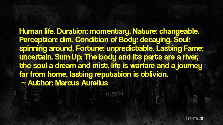 Marcus Aurelius Quotes: Human Life. Duration: Momentary. Nature: Changeable. Perception: Dim. Condition Of Body: Decaying. Soul: Spinning Around. Fortune: Unpredictable. Lasting Fame: Uncertain.