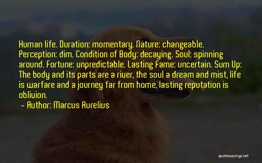 Marcus Aurelius Quotes: Human Life. Duration: Momentary. Nature: Changeable. Perception: Dim. Condition Of Body: Decaying. Soul: Spinning Around. Fortune: Unpredictable. Lasting Fame: Uncertain.