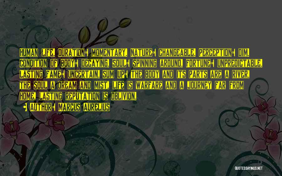 Marcus Aurelius Quotes: Human Life. Duration: Momentary. Nature: Changeable. Perception: Dim. Condition Of Body: Decaying. Soul: Spinning Around. Fortune: Unpredictable. Lasting Fame: Uncertain.
