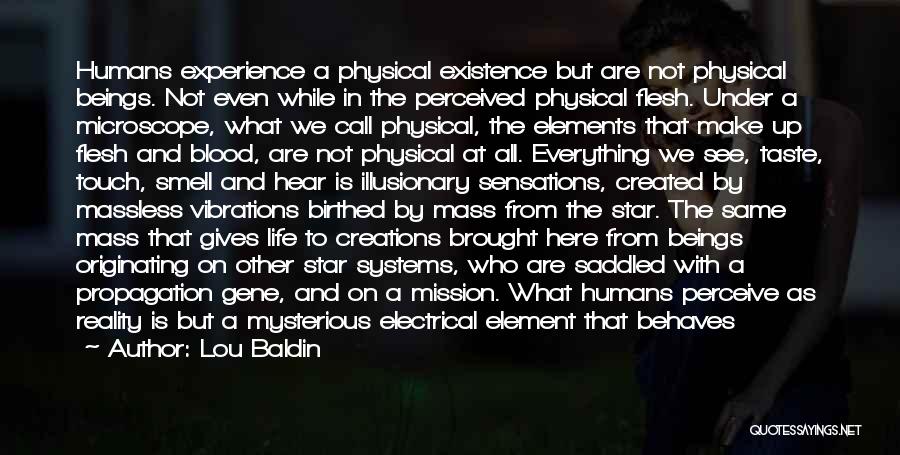 Lou Baldin Quotes: Humans Experience A Physical Existence But Are Not Physical Beings. Not Even While In The Perceived Physical Flesh. Under A