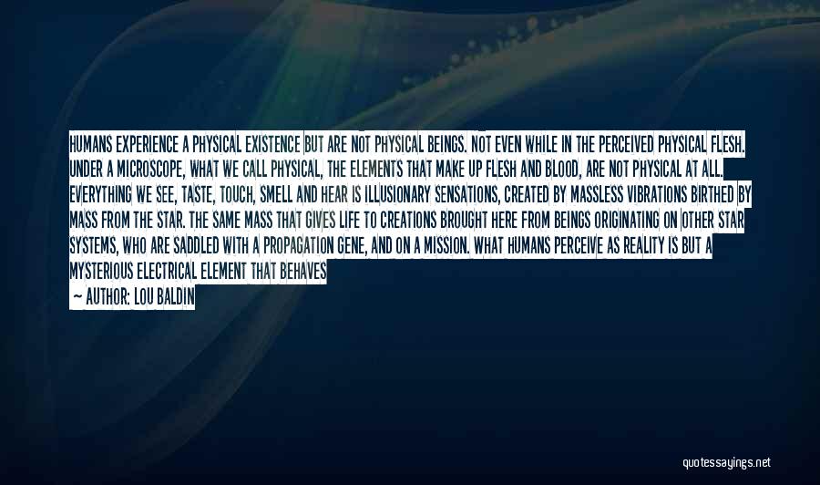 Lou Baldin Quotes: Humans Experience A Physical Existence But Are Not Physical Beings. Not Even While In The Perceived Physical Flesh. Under A