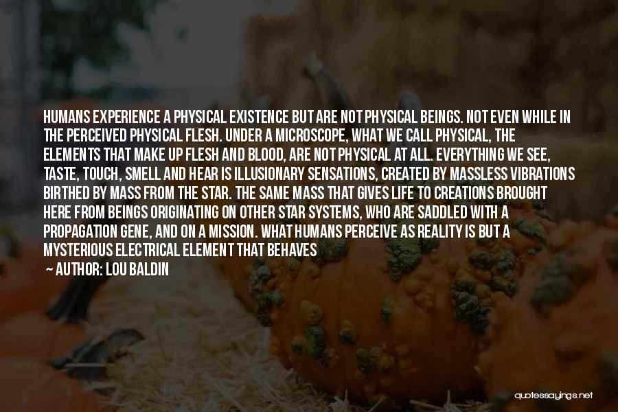 Lou Baldin Quotes: Humans Experience A Physical Existence But Are Not Physical Beings. Not Even While In The Perceived Physical Flesh. Under A