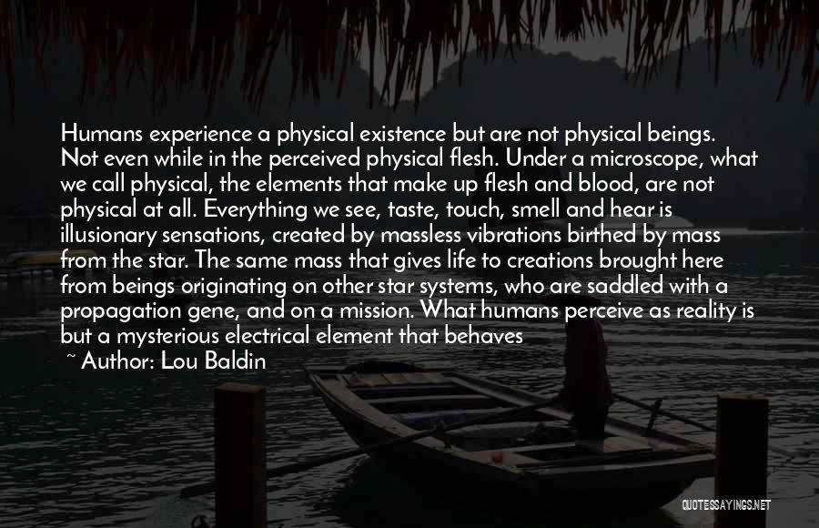 Lou Baldin Quotes: Humans Experience A Physical Existence But Are Not Physical Beings. Not Even While In The Perceived Physical Flesh. Under A