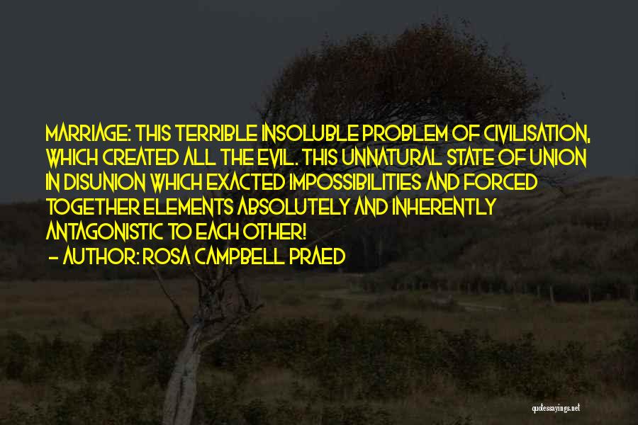 Rosa Campbell Praed Quotes: Marriage: This Terrible Insoluble Problem Of Civilisation, Which Created All The Evil. This Unnatural State Of Union In Disunion Which