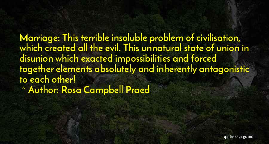 Rosa Campbell Praed Quotes: Marriage: This Terrible Insoluble Problem Of Civilisation, Which Created All The Evil. This Unnatural State Of Union In Disunion Which