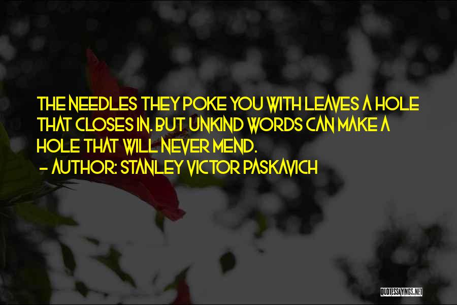Stanley Victor Paskavich Quotes: The Needles They Poke You With Leaves A Hole That Closes In. But Unkind Words Can Make A Hole That