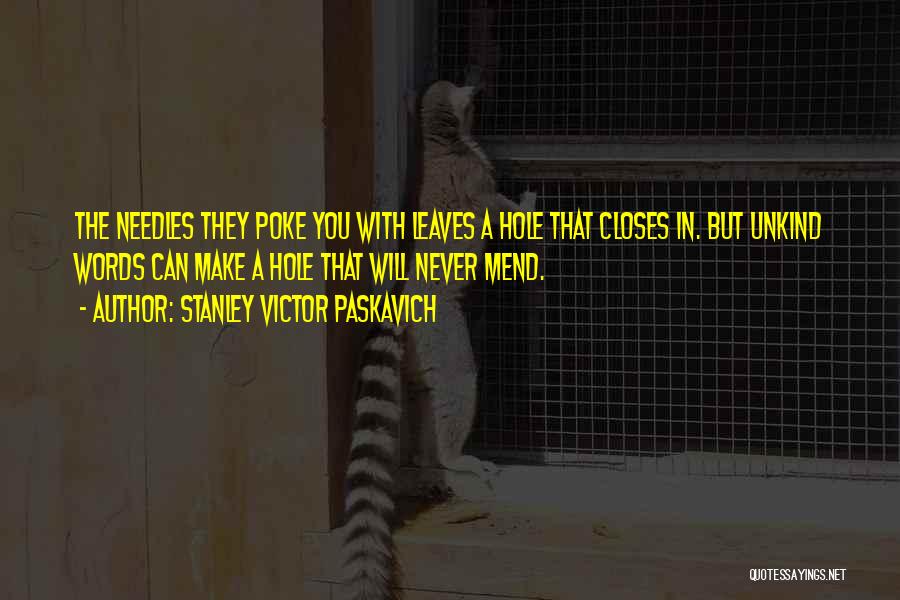 Stanley Victor Paskavich Quotes: The Needles They Poke You With Leaves A Hole That Closes In. But Unkind Words Can Make A Hole That