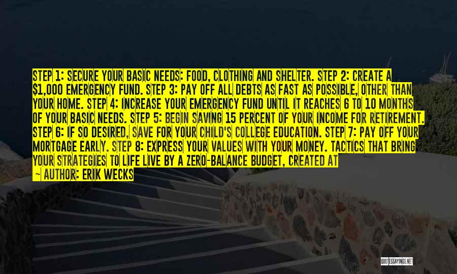 Erik Wecks Quotes: Step 1: Secure Your Basic Needs: Food, Clothing And Shelter. Step 2: Create A $1,000 Emergency Fund. Step 3: Pay