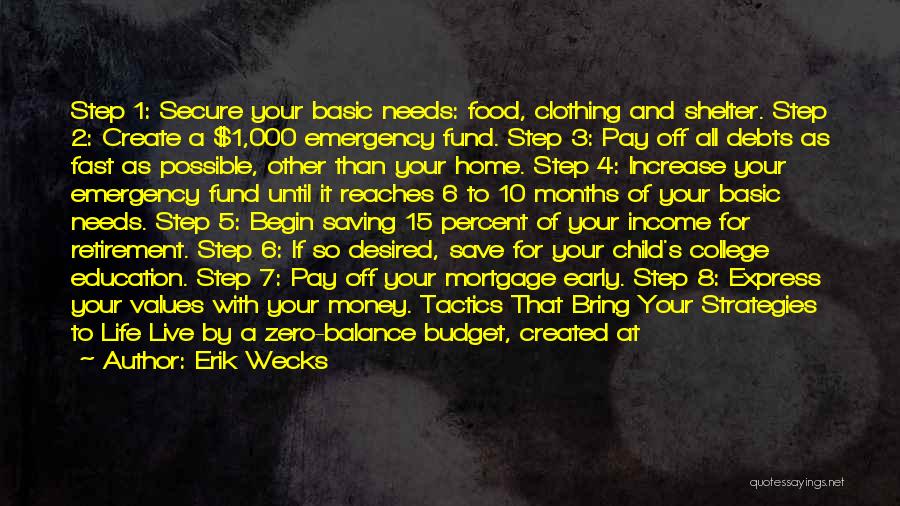 Erik Wecks Quotes: Step 1: Secure Your Basic Needs: Food, Clothing And Shelter. Step 2: Create A $1,000 Emergency Fund. Step 3: Pay