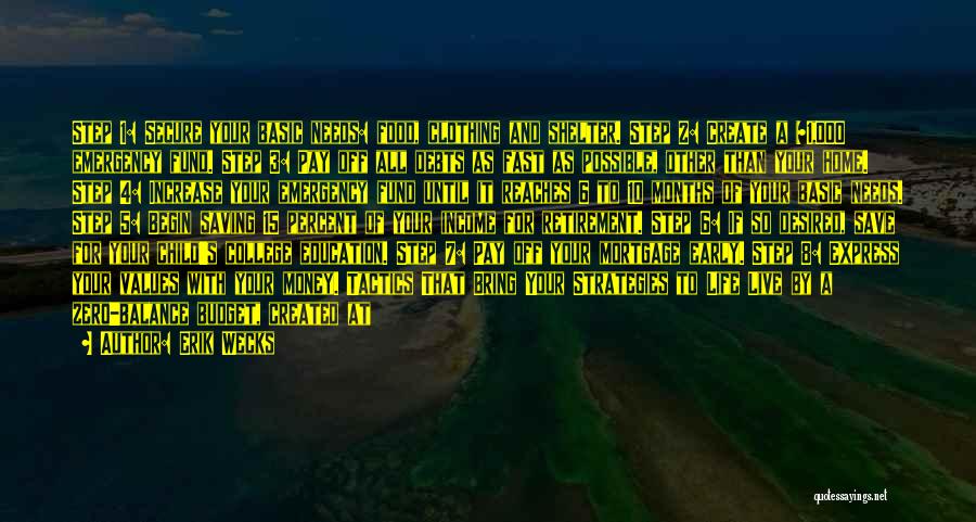 Erik Wecks Quotes: Step 1: Secure Your Basic Needs: Food, Clothing And Shelter. Step 2: Create A $1,000 Emergency Fund. Step 3: Pay