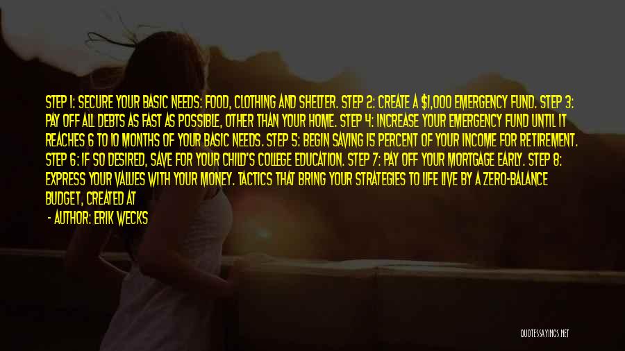 Erik Wecks Quotes: Step 1: Secure Your Basic Needs: Food, Clothing And Shelter. Step 2: Create A $1,000 Emergency Fund. Step 3: Pay