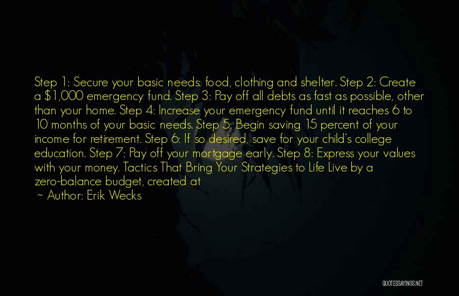 Erik Wecks Quotes: Step 1: Secure Your Basic Needs: Food, Clothing And Shelter. Step 2: Create A $1,000 Emergency Fund. Step 3: Pay