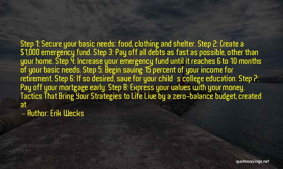 Erik Wecks Quotes: Step 1: Secure Your Basic Needs: Food, Clothing And Shelter. Step 2: Create A $1,000 Emergency Fund. Step 3: Pay