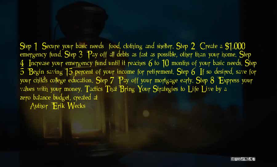 Erik Wecks Quotes: Step 1: Secure Your Basic Needs: Food, Clothing And Shelter. Step 2: Create A $1,000 Emergency Fund. Step 3: Pay