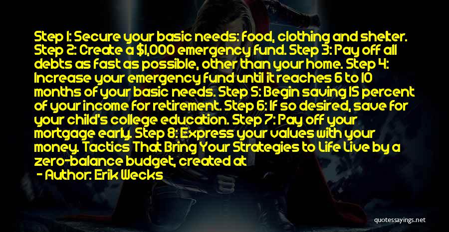 Erik Wecks Quotes: Step 1: Secure Your Basic Needs: Food, Clothing And Shelter. Step 2: Create A $1,000 Emergency Fund. Step 3: Pay