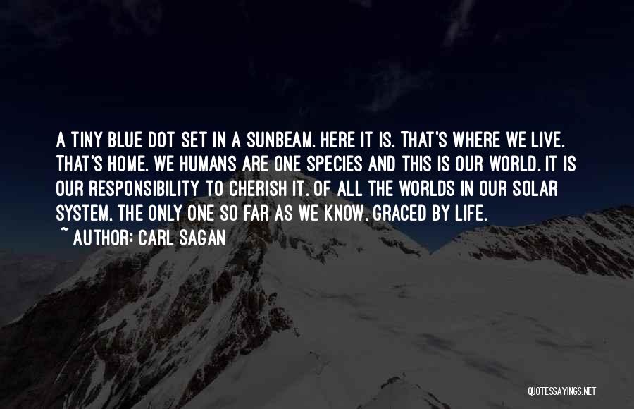 Carl Sagan Quotes: A Tiny Blue Dot Set In A Sunbeam. Here It Is. That's Where We Live. That's Home. We Humans Are
