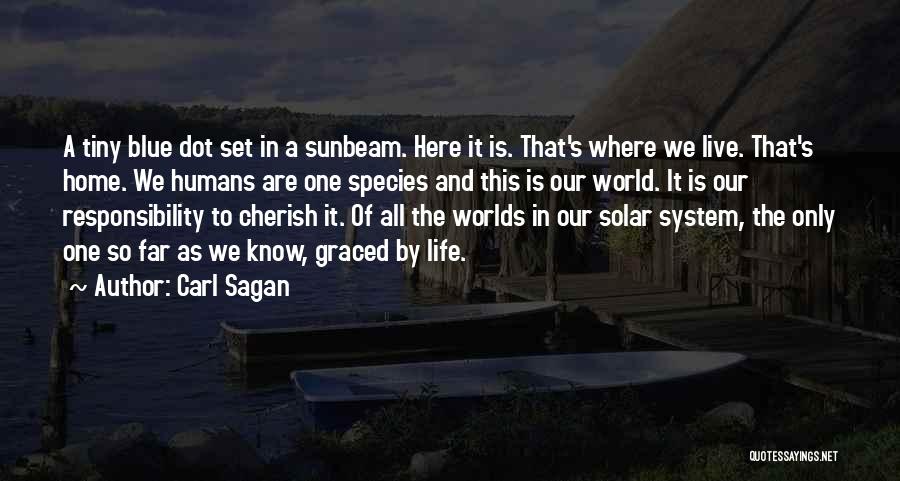 Carl Sagan Quotes: A Tiny Blue Dot Set In A Sunbeam. Here It Is. That's Where We Live. That's Home. We Humans Are