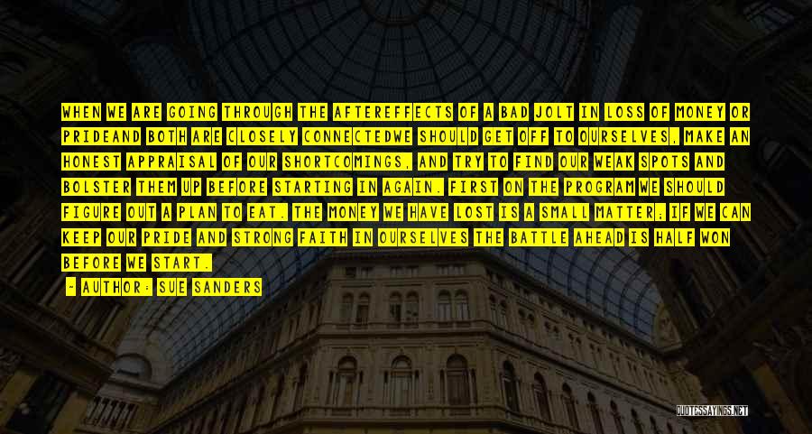 Sue Sanders Quotes: When We Are Going Through The Aftereffects Of A Bad Jolt In Loss Of Money Or Prideand Both Are Closely