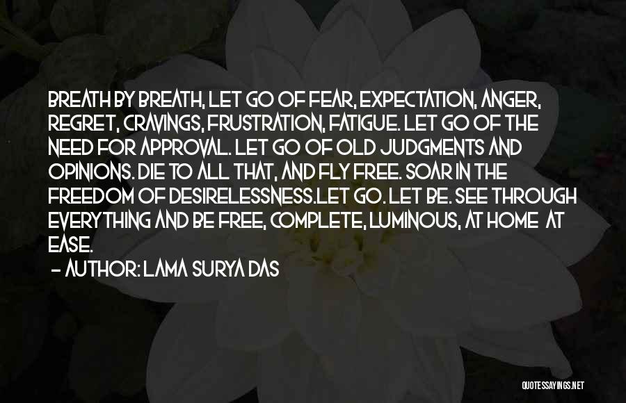 Lama Surya Das Quotes: Breath By Breath, Let Go Of Fear, Expectation, Anger, Regret, Cravings, Frustration, Fatigue. Let Go Of The Need For Approval.