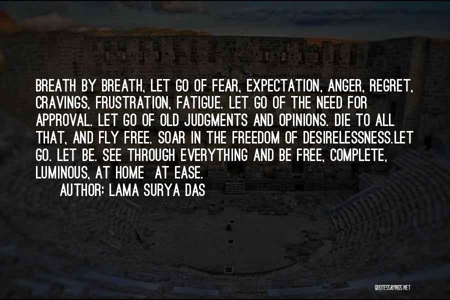 Lama Surya Das Quotes: Breath By Breath, Let Go Of Fear, Expectation, Anger, Regret, Cravings, Frustration, Fatigue. Let Go Of The Need For Approval.