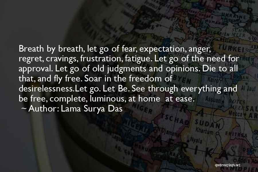 Lama Surya Das Quotes: Breath By Breath, Let Go Of Fear, Expectation, Anger, Regret, Cravings, Frustration, Fatigue. Let Go Of The Need For Approval.