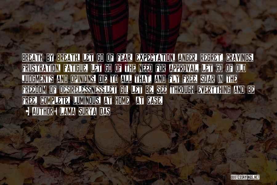 Lama Surya Das Quotes: Breath By Breath, Let Go Of Fear, Expectation, Anger, Regret, Cravings, Frustration, Fatigue. Let Go Of The Need For Approval.