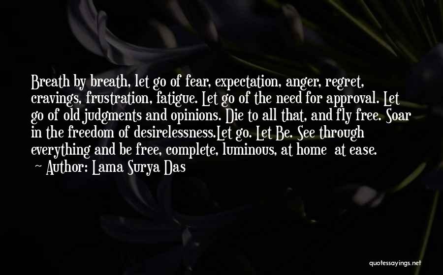 Lama Surya Das Quotes: Breath By Breath, Let Go Of Fear, Expectation, Anger, Regret, Cravings, Frustration, Fatigue. Let Go Of The Need For Approval.