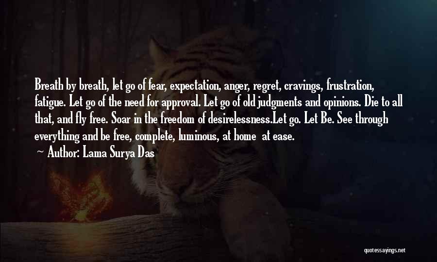 Lama Surya Das Quotes: Breath By Breath, Let Go Of Fear, Expectation, Anger, Regret, Cravings, Frustration, Fatigue. Let Go Of The Need For Approval.