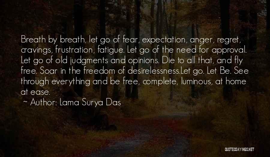 Lama Surya Das Quotes: Breath By Breath, Let Go Of Fear, Expectation, Anger, Regret, Cravings, Frustration, Fatigue. Let Go Of The Need For Approval.