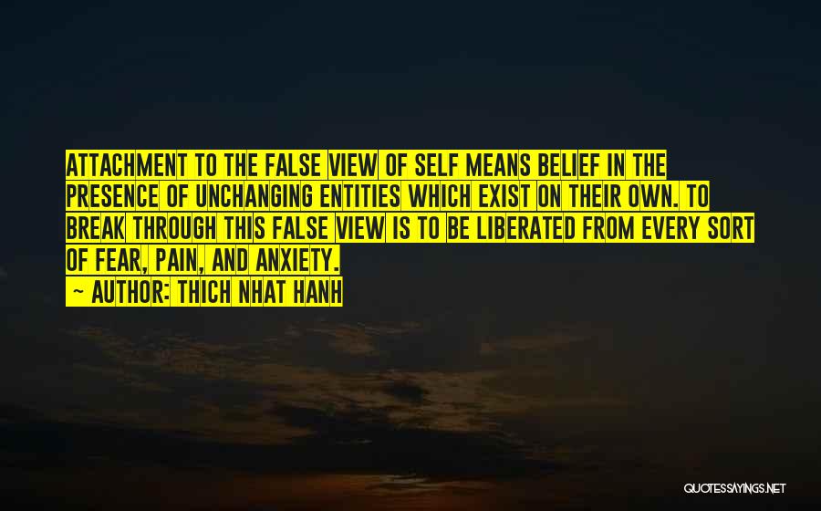 Thich Nhat Hanh Quotes: Attachment To The False View Of Self Means Belief In The Presence Of Unchanging Entities Which Exist On Their Own.