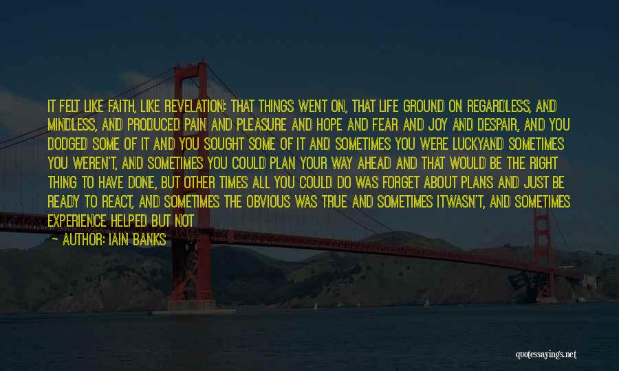 Iain Banks Quotes: It Felt Like Faith, Like Revelation: That Things Went On, That Life Ground On Regardless, And Mindless, And Produced Pain