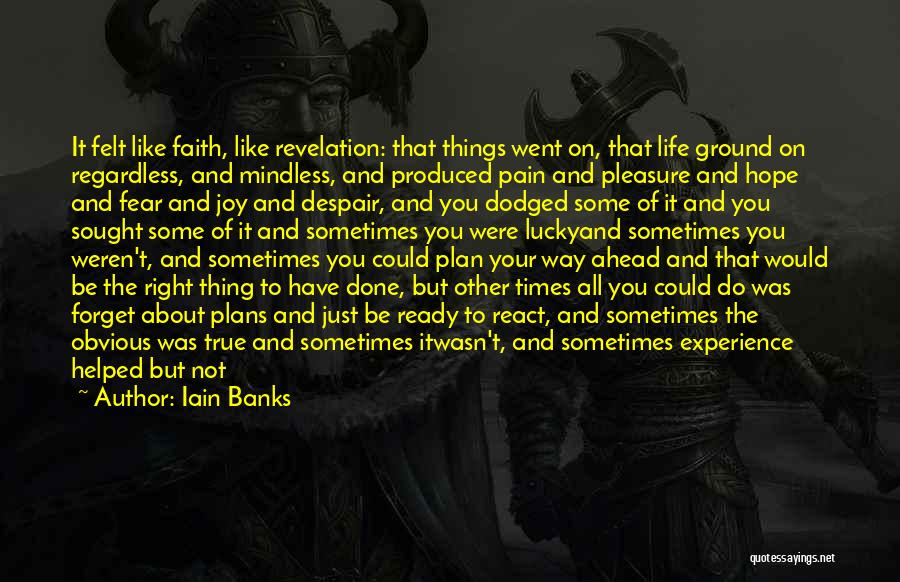 Iain Banks Quotes: It Felt Like Faith, Like Revelation: That Things Went On, That Life Ground On Regardless, And Mindless, And Produced Pain