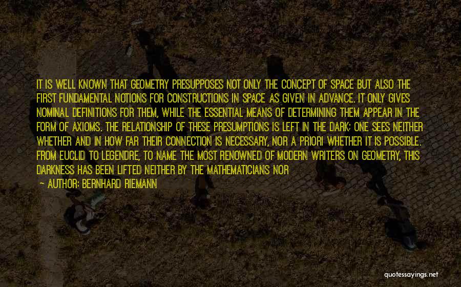 Bernhard Riemann Quotes: It Is Well Known That Geometry Presupposes Not Only The Concept Of Space But Also The First Fundamental Notions For