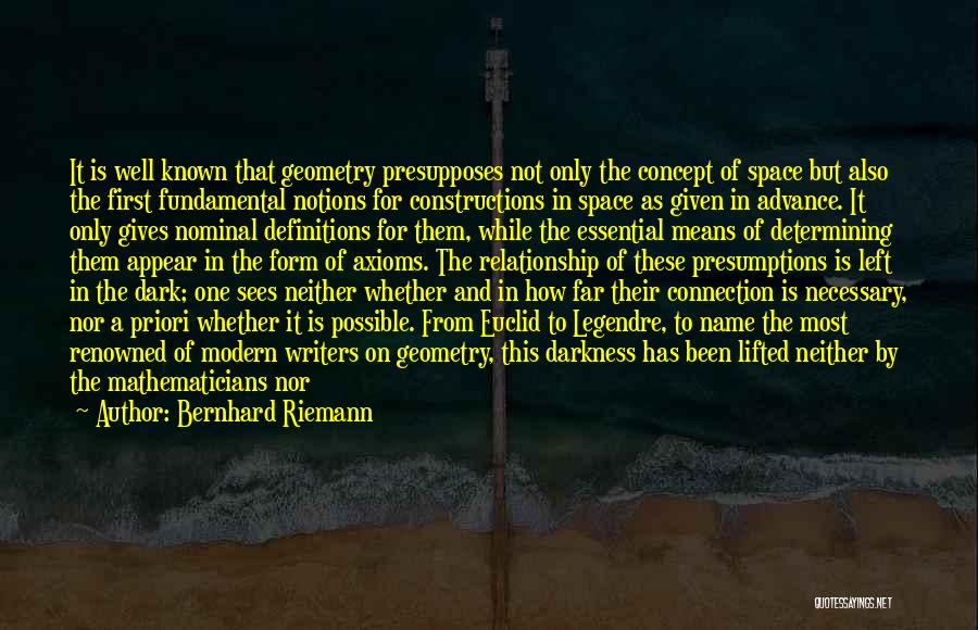 Bernhard Riemann Quotes: It Is Well Known That Geometry Presupposes Not Only The Concept Of Space But Also The First Fundamental Notions For