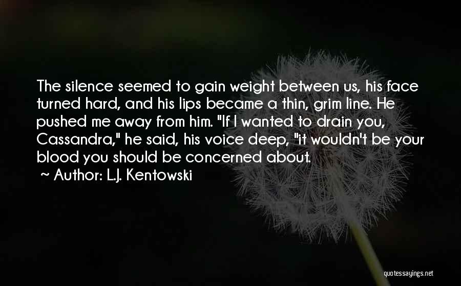 L.J. Kentowski Quotes: The Silence Seemed To Gain Weight Between Us, His Face Turned Hard, And His Lips Became A Thin, Grim Line.
