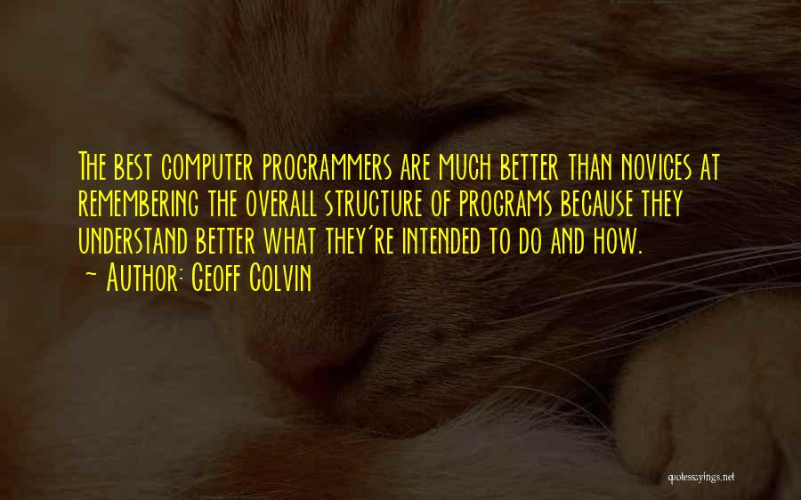 Geoff Colvin Quotes: The Best Computer Programmers Are Much Better Than Novices At Remembering The Overall Structure Of Programs Because They Understand Better