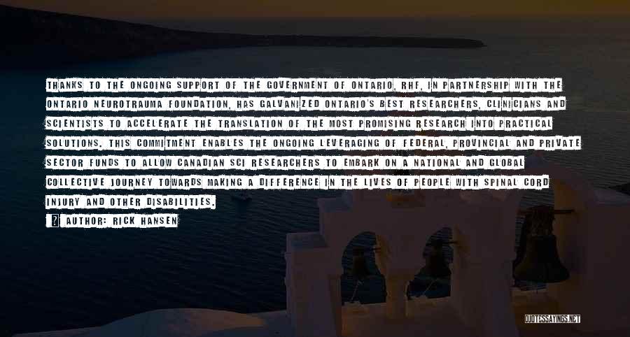 Rick Hansen Quotes: Thanks To The Ongoing Support Of The Government Of Ontario, Rhf, In Partnership With The Ontario Neurotrauma Foundation, Has Galvanized