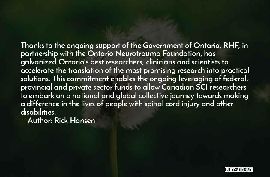 Rick Hansen Quotes: Thanks To The Ongoing Support Of The Government Of Ontario, Rhf, In Partnership With The Ontario Neurotrauma Foundation, Has Galvanized