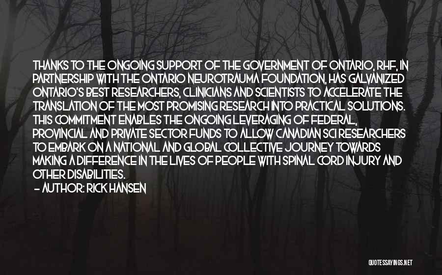 Rick Hansen Quotes: Thanks To The Ongoing Support Of The Government Of Ontario, Rhf, In Partnership With The Ontario Neurotrauma Foundation, Has Galvanized